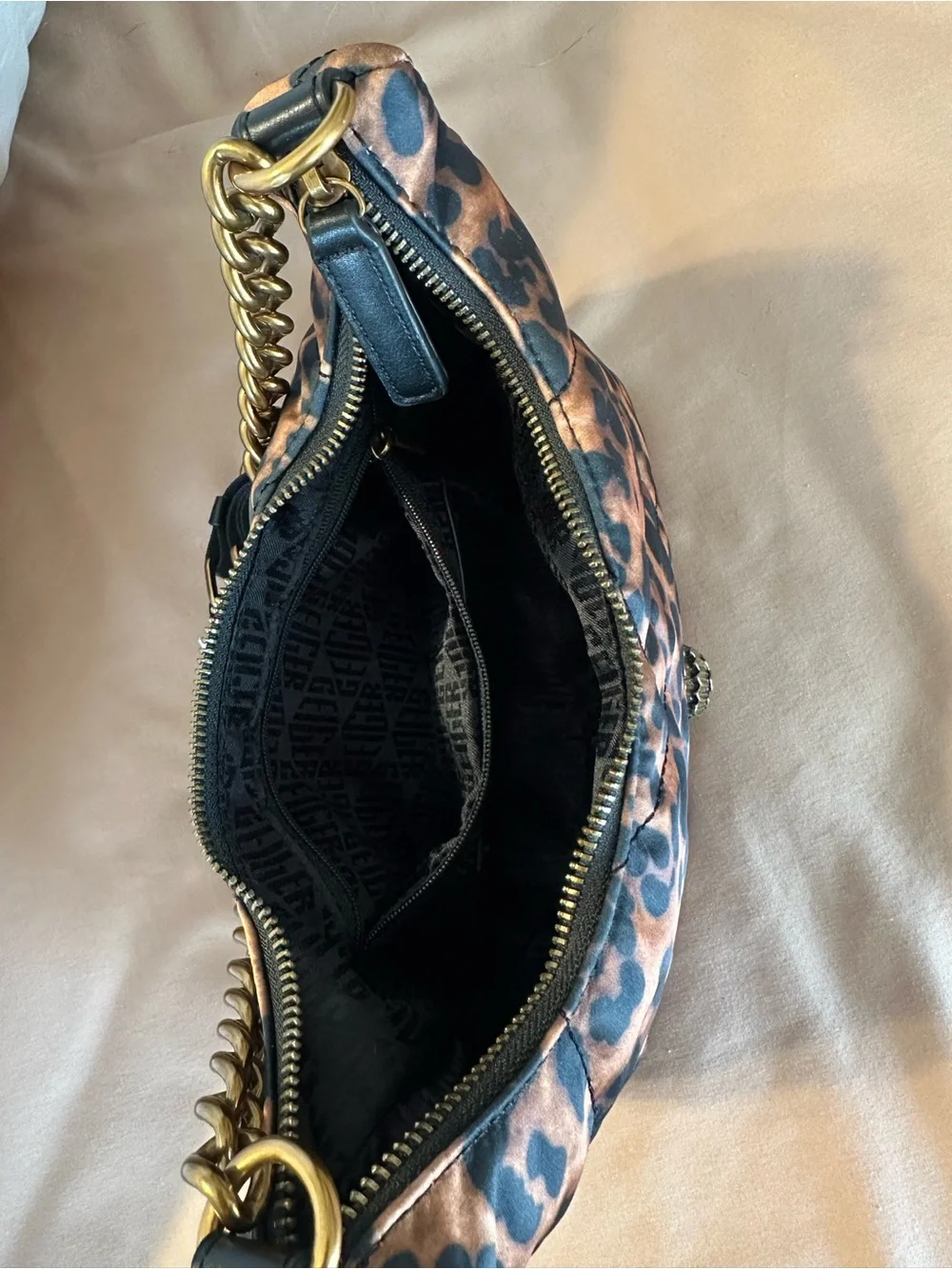 Kurt Geiger Leopard Print Quilted Hobo with Gold Chain
